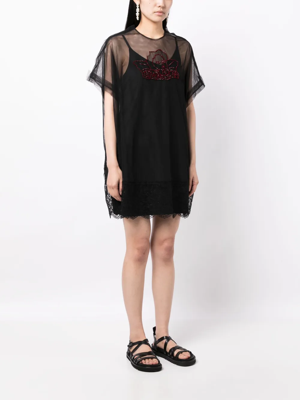 Simone Rocha Semi-sheer Lace-trim Tunic In Black