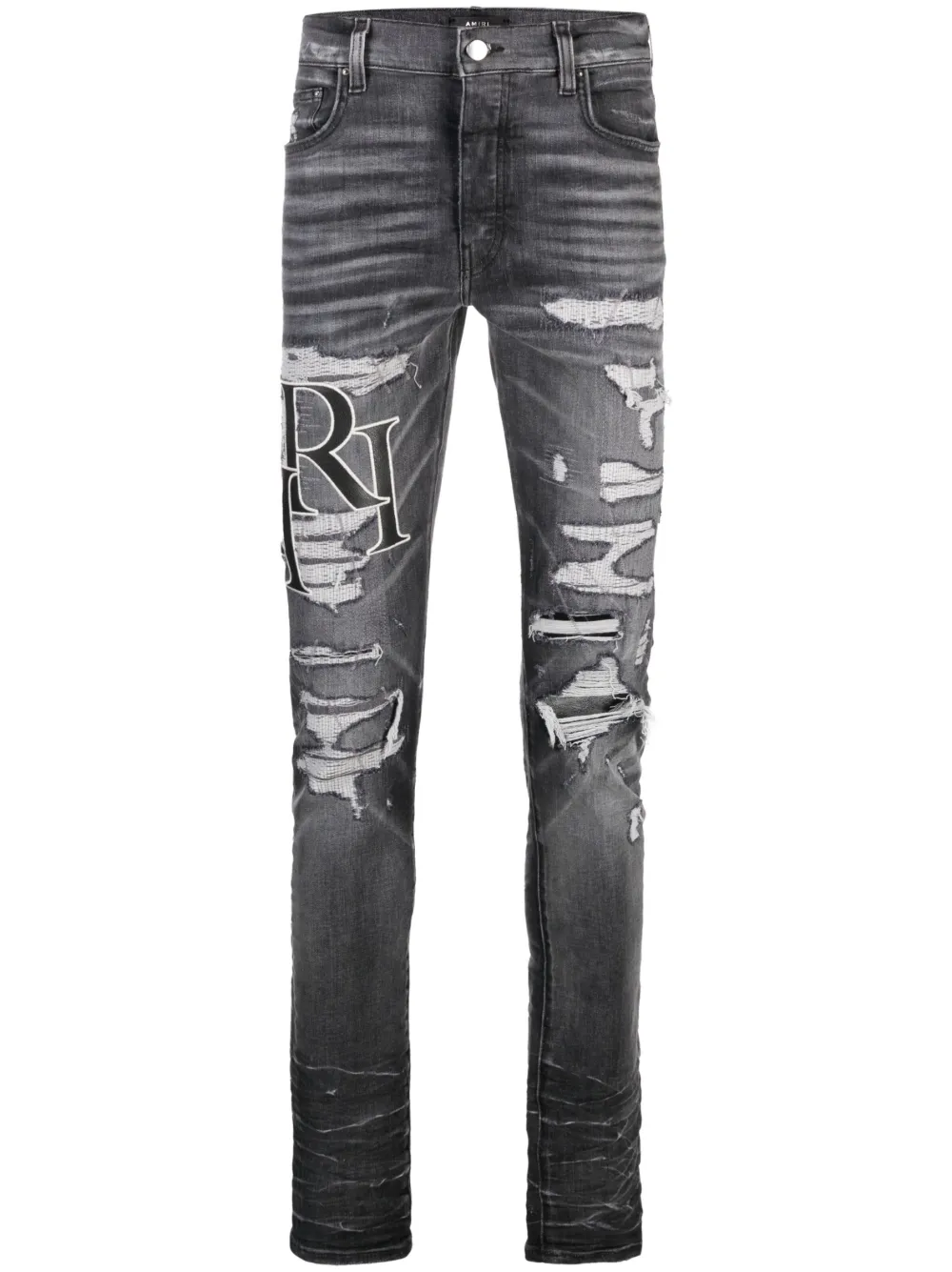 Amiri Logo-print Ripped Skinny Jeans In Grey