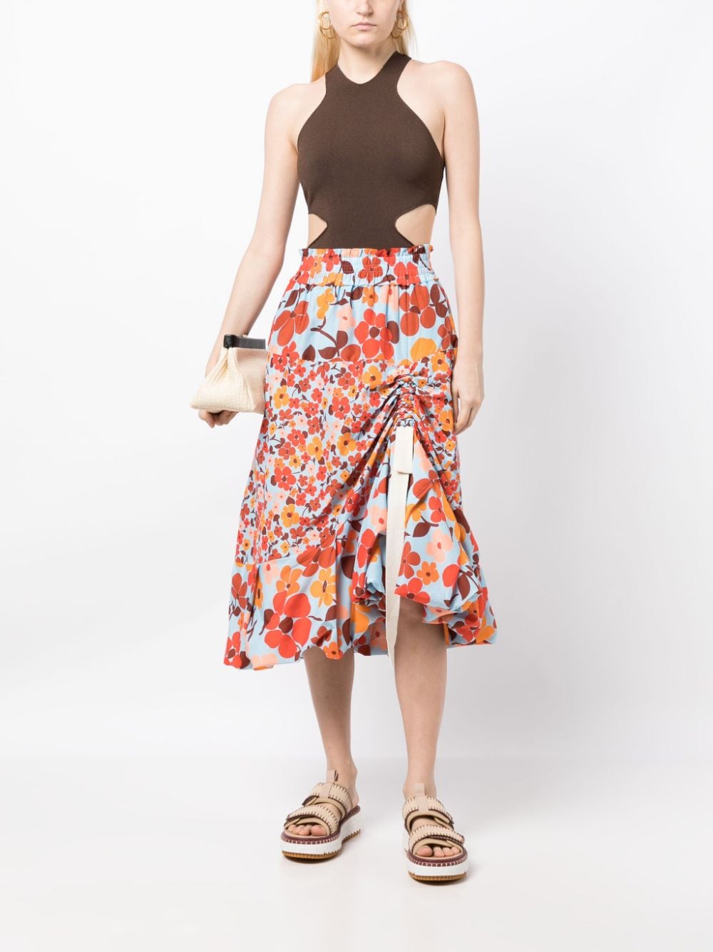 Shop Lee Mathews Floral-print Ruched-detail Skirt In Blue