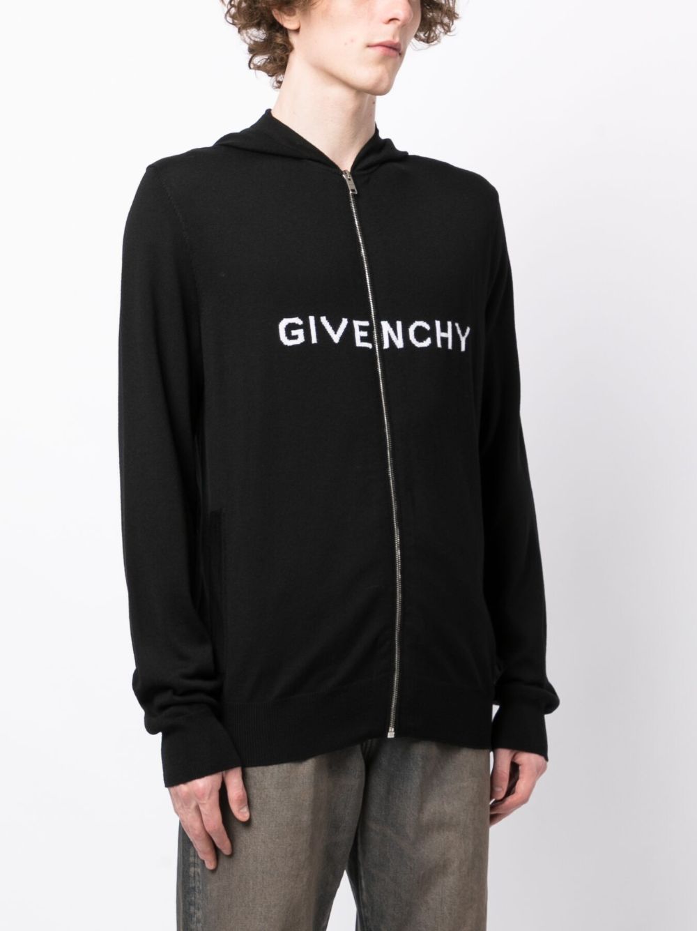 Shop Givenchy Intarsia Knit-logo Wool Hooded Jacket In Black