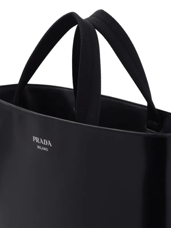 Prada logo-stamp Leather Tote Bag | Black | FARFETCH