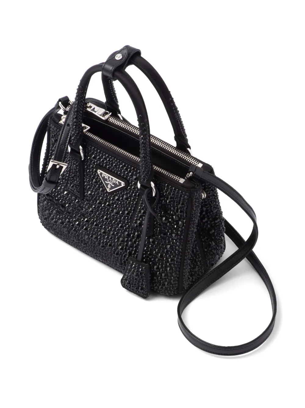 Prada Galleria Crystal-embellished Satin Mini Bag In Black