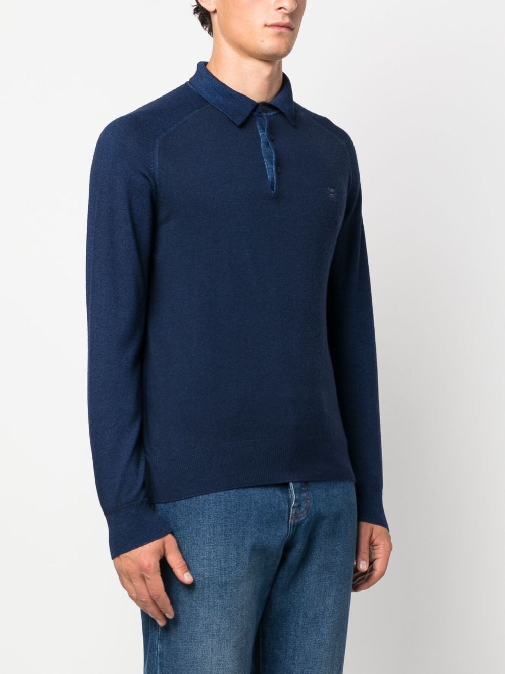 Shop Etro Logo-embroidered Long-sleeve Polo Shirt In Blau
