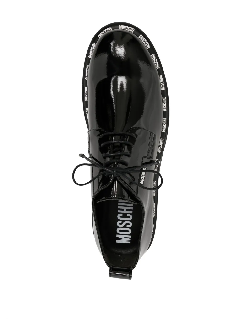 moshi Moschino high-shine logo-trim derby shoes | Smart Closet