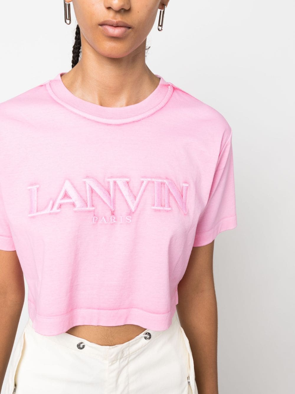 Shop Lanvin Logo-embroidered Cropped T-shirt In Pink