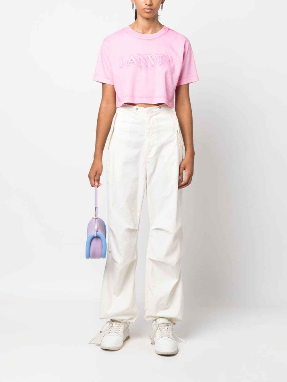 Shop Lanvin Logo-embroidered Cropped T-shirt In Pink