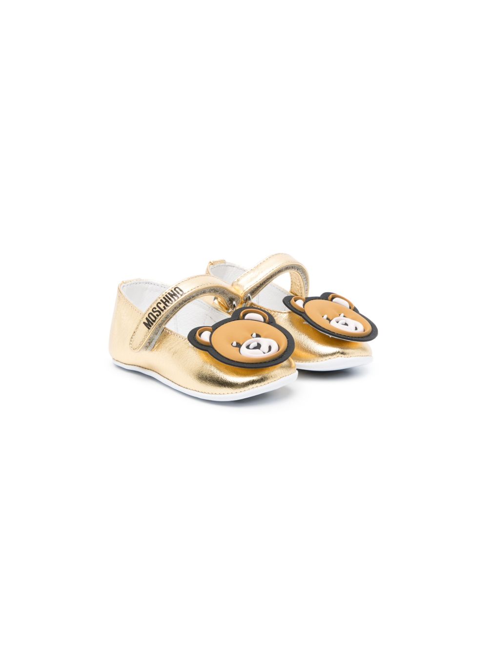 Moschino Kids Teddy Bear-patch metallic ballerina shoes - Gold