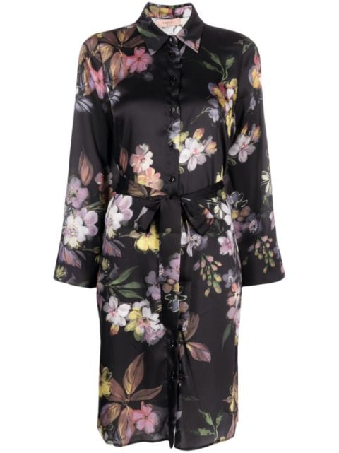 floral-print belted shirt dress