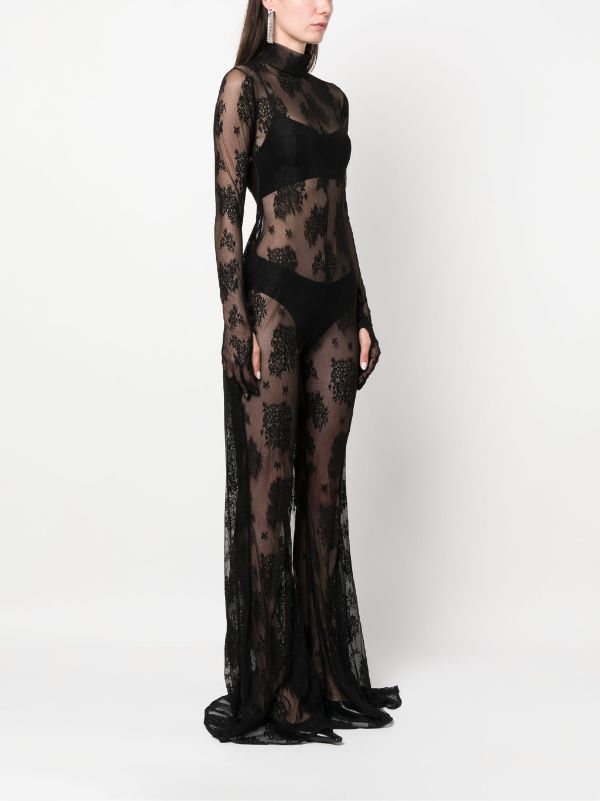 Black Sheer Lace High Neck Long Sleeve Jumpsuit