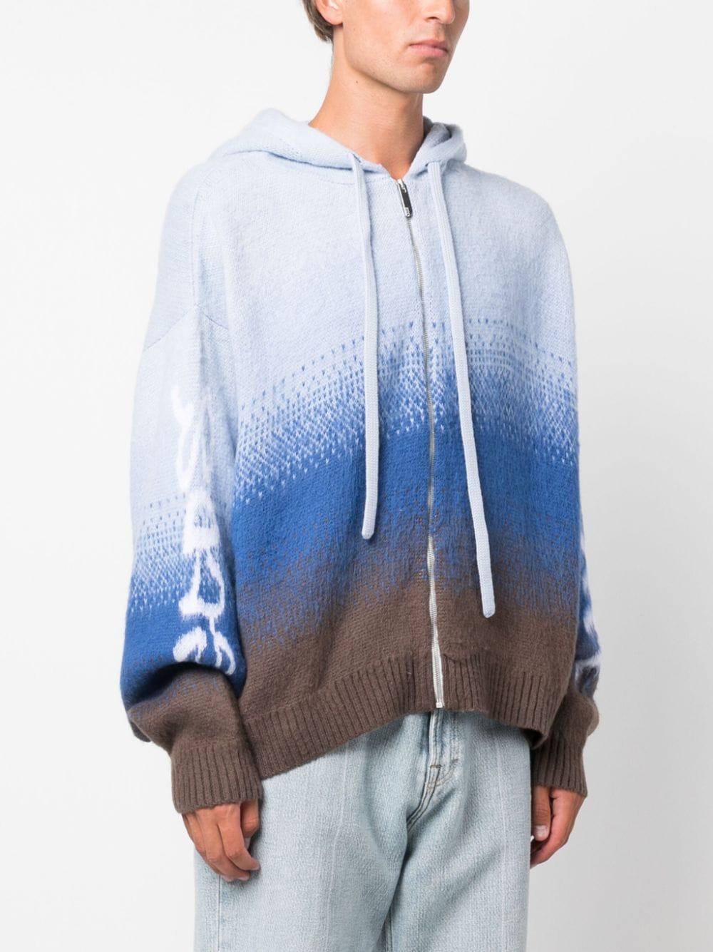 Shop Gcds Patterned-jacquard Brushed Zip-up Hoodie In Blue