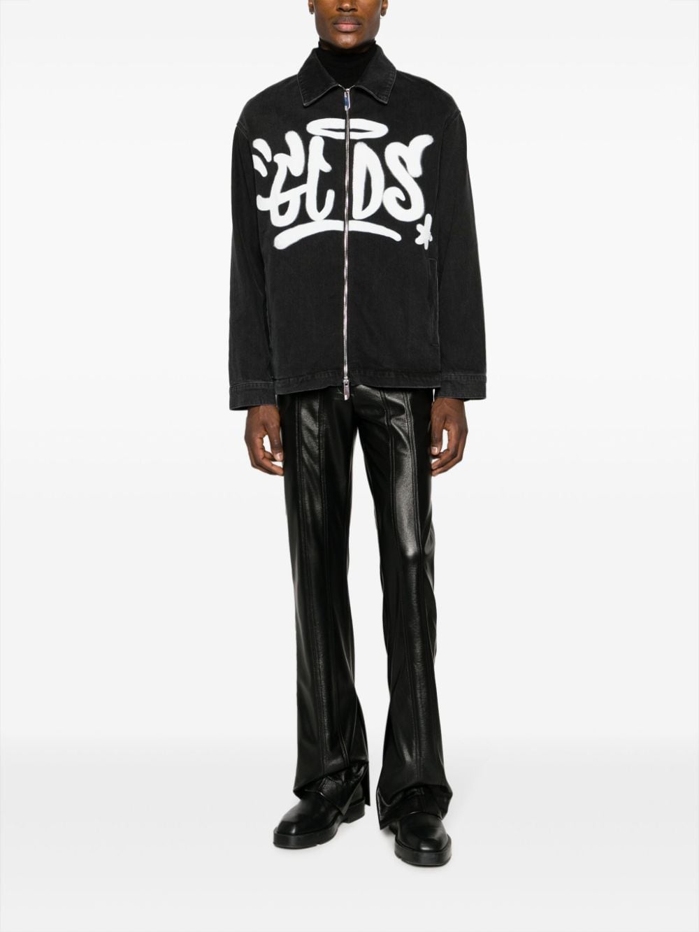Shop Gcds Grafitti-print Cotton Denim Jacket In Black