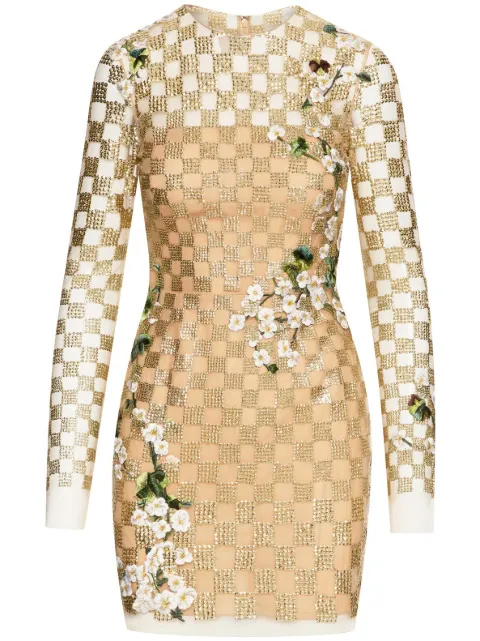 Oscar de la Renta grid-effect floral-threadwork minidress