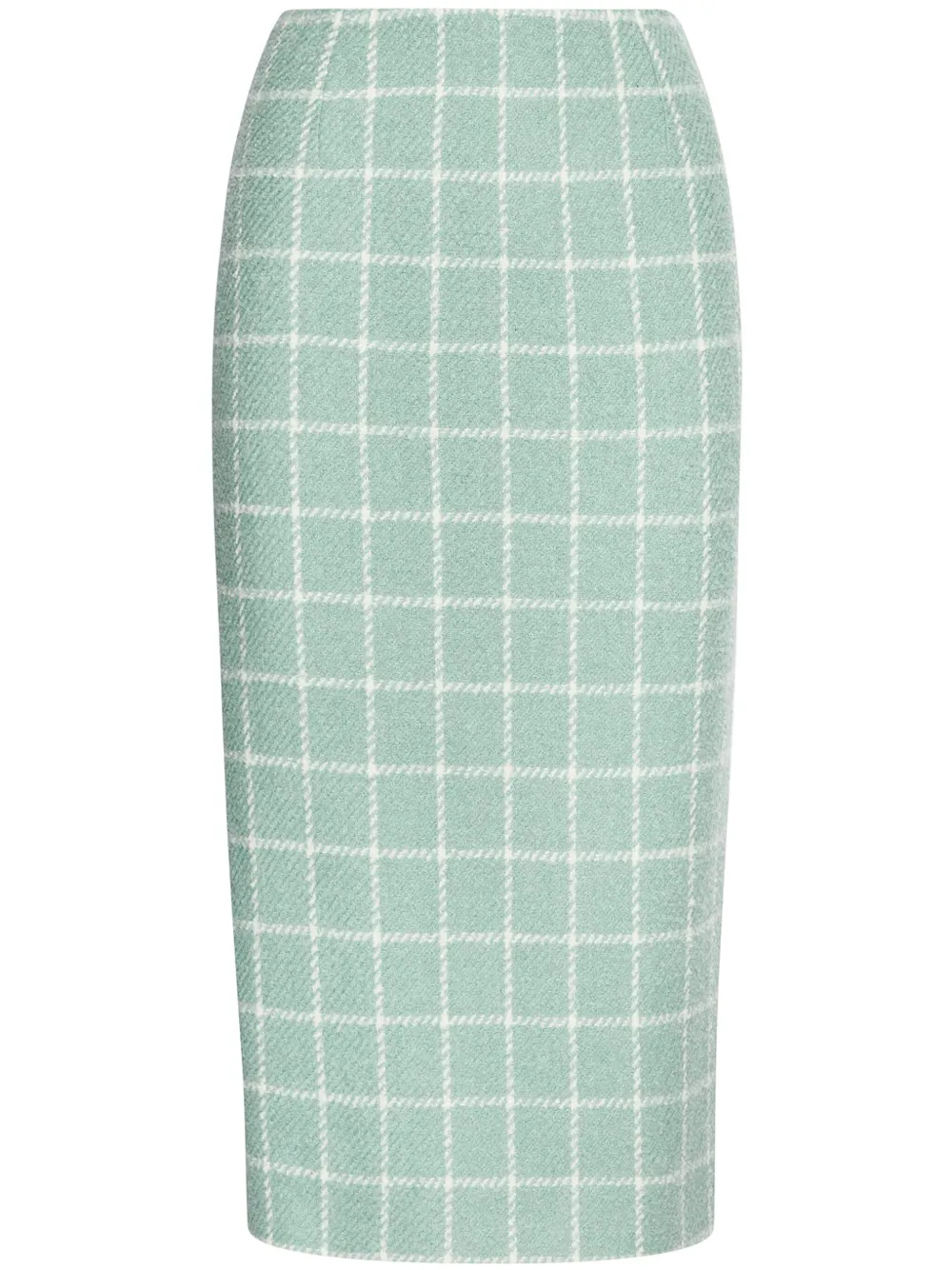 Oscar De La Renta Boucle Windowpane Tweed Pencil Skirt In Sage/white