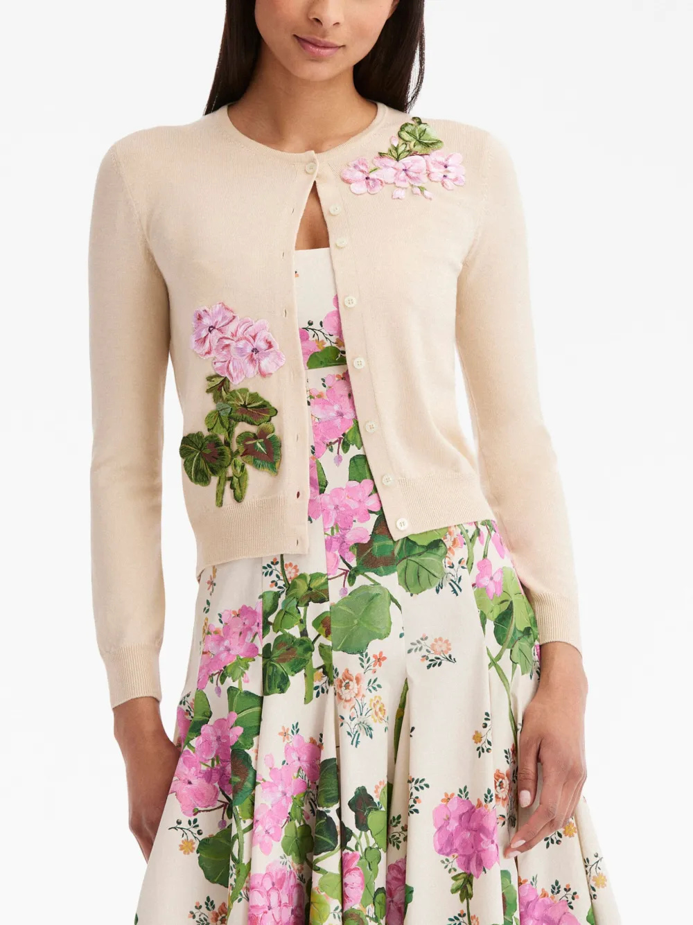 Oscar de la Renta Geranium-embroidered virgin-wool cardigan - Beige