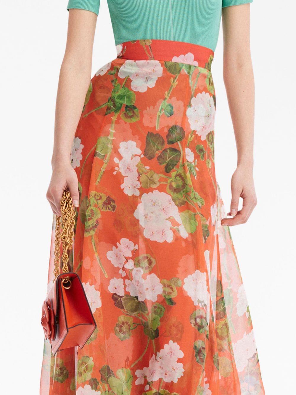 Shop Oscar De La Renta Geranium-print Silk Chiffon Maxi Skirt In Orange