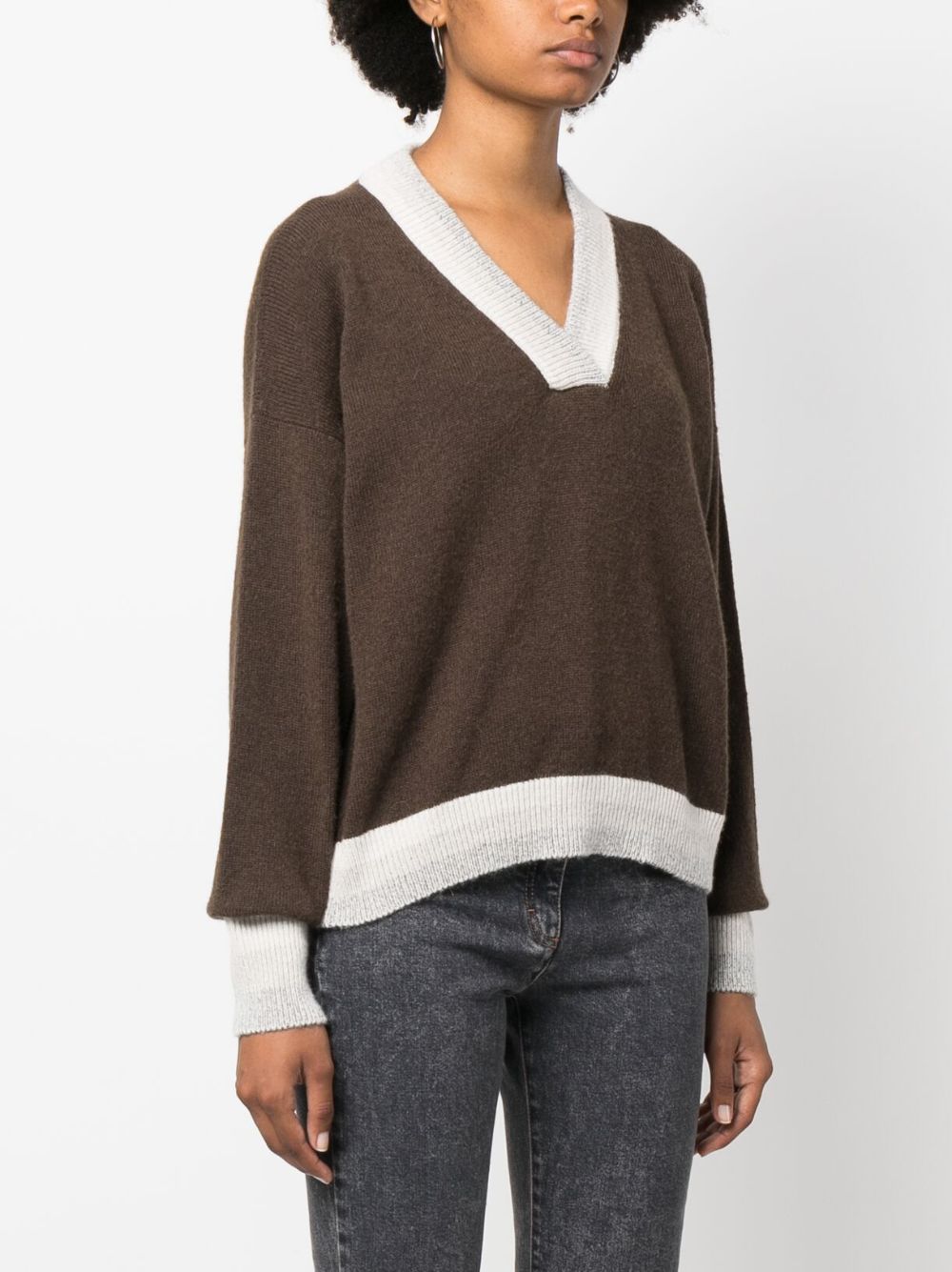 Shop Peserico Contrast-trim V-neck Jumper In Brown