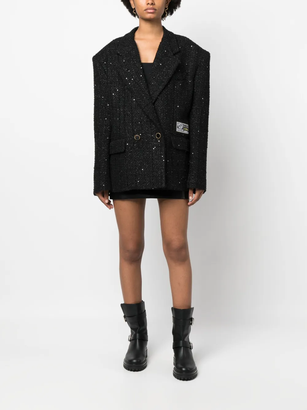 Shop Gcds Double-breasted Tweed Blazer In Black