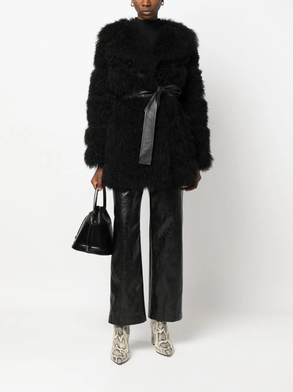 Shop Simonetta Ravizza Praga Belted Shearling Coat In Black