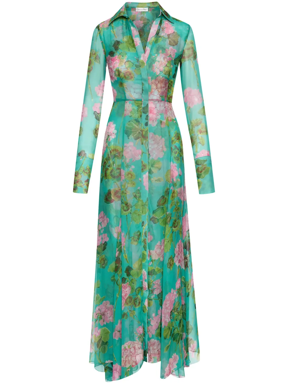 OSCAR DE LA RENTA GERANIUM-PRINT SILK CHIFFON MAXI DRESS