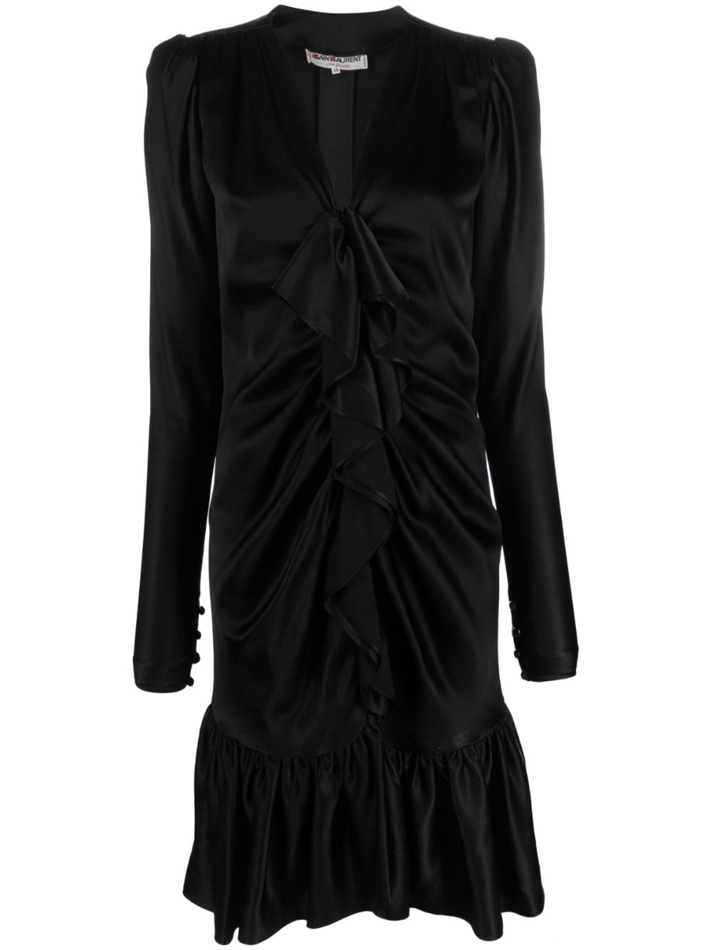 Saint Laurent Pre-Owned 1970s ruffled front long-sleeved silk dress - Black