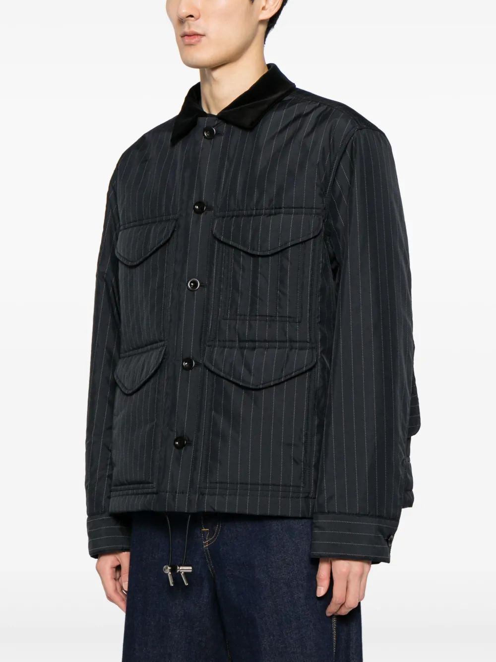 Shop Sacai Pinstripe Cotton Shirk Jacket In Schwarz