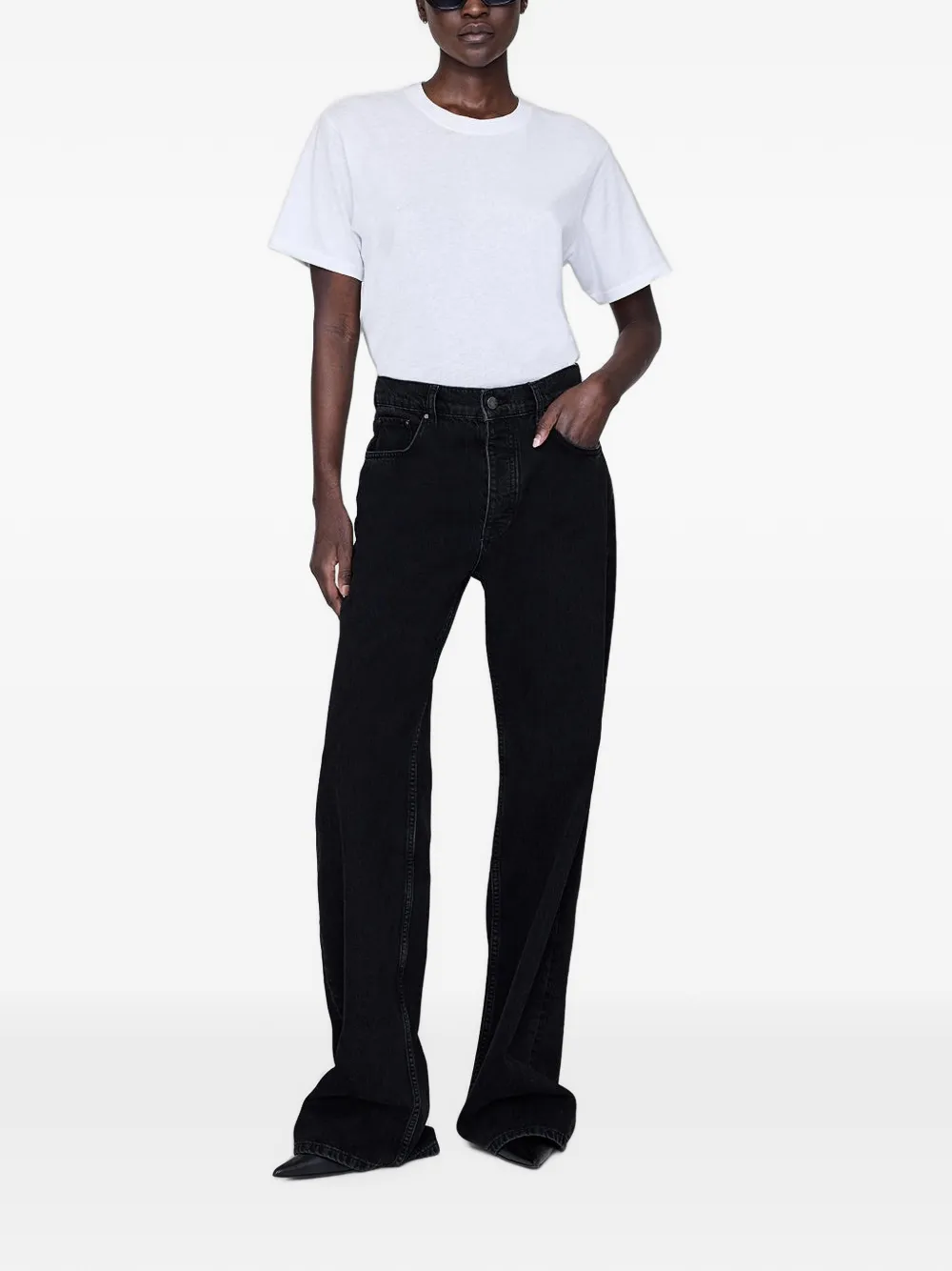 ANINE BING Hugh jeans met wijde pijpen en logopatch Zwart