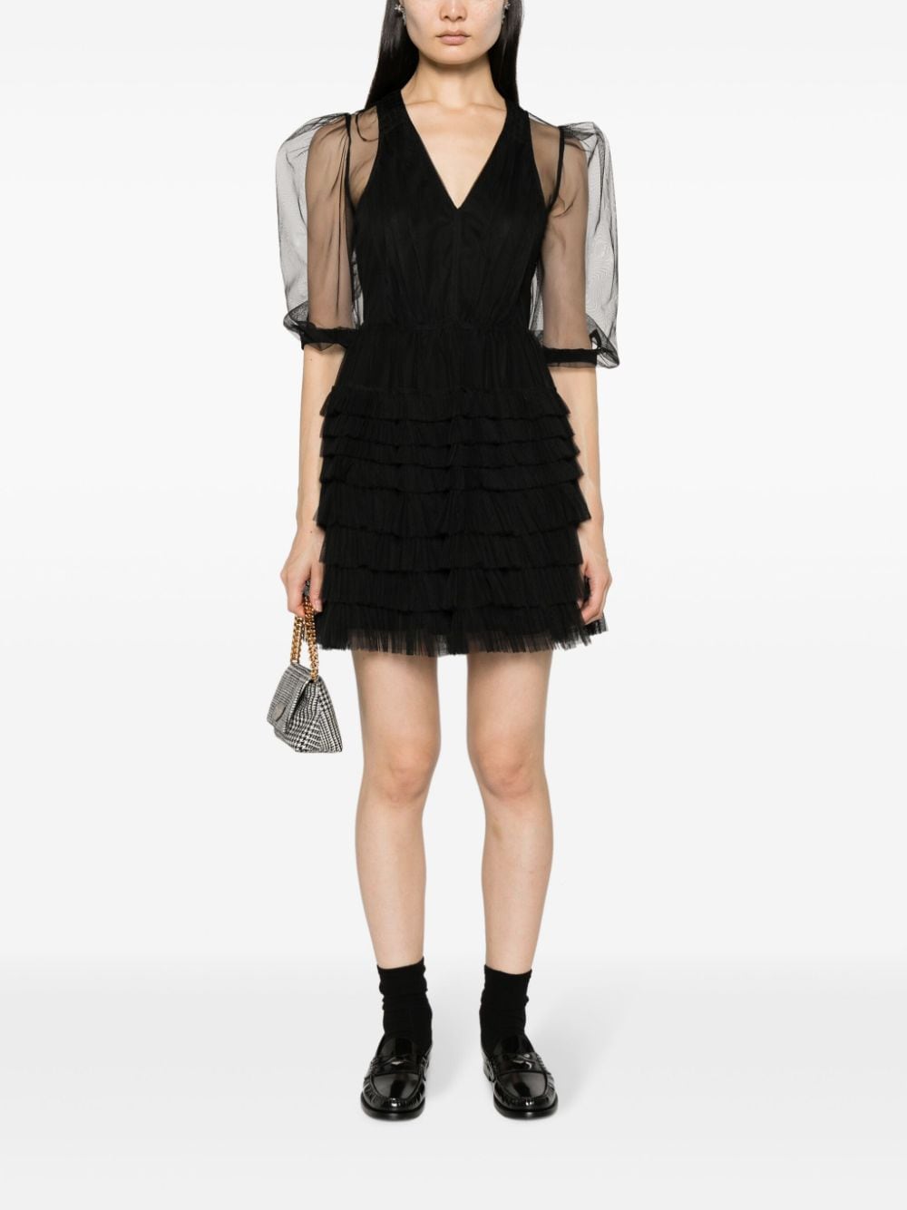 Shop Twinset Ruffled Semi-sheer Minidress In Black