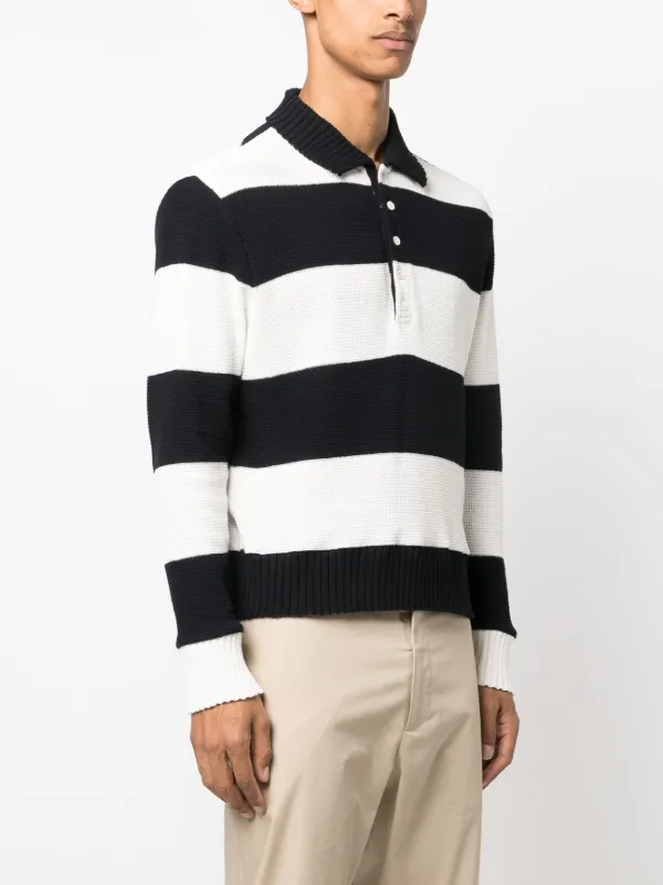 【THOM BROWNE】コットン ポロシャツ ケーブルニット ストライプ Thom Browne ストライプ ニットポロシャツ | ブルー | FARFETCH JP