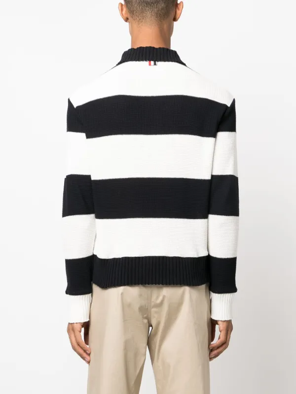 【THOM BROWNE】コットン ポロシャツ ケーブルニット ストライプ Thom Browne ストライプ ニットポロシャツ | ブルー | FARFETCH JP