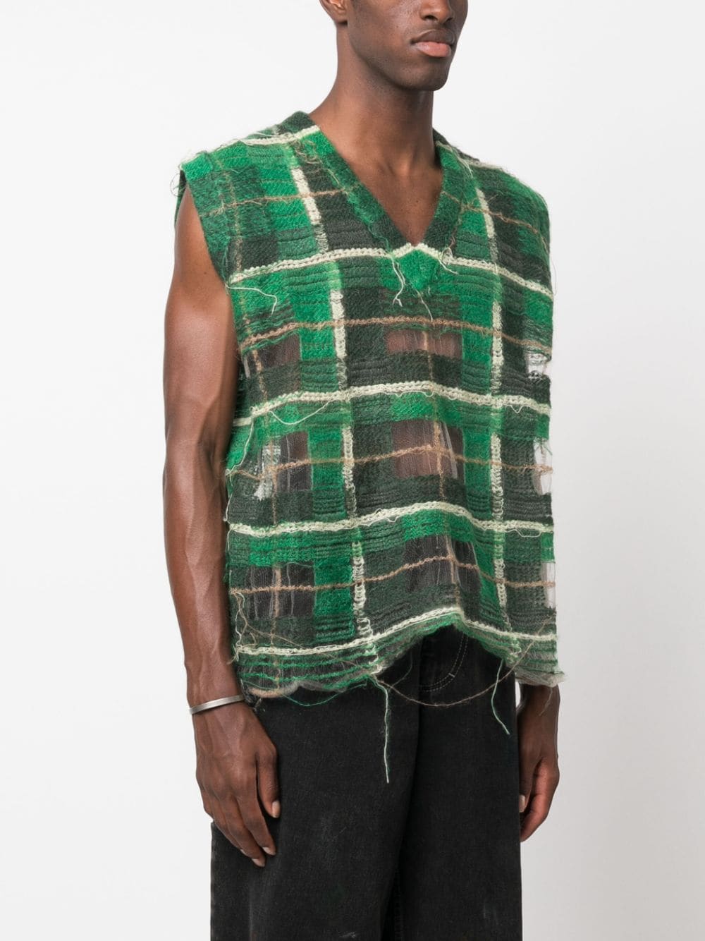Shop Maison Margiela Distressed Checked Tank Top In Green