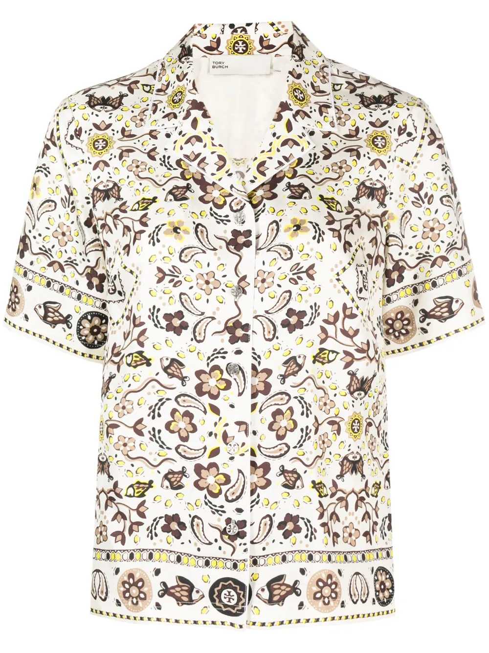 Tory Burch Printed Silk Bowling Shirt In Neutrals