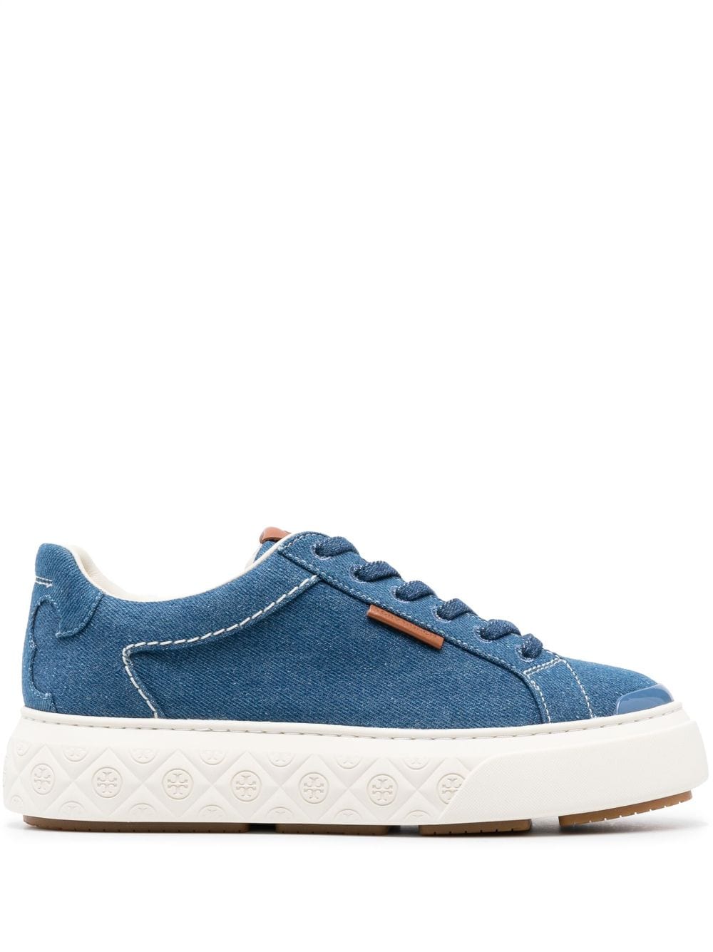 Shop Tory Burch Logo-patch Lace-up Denim Sneakers In Blue