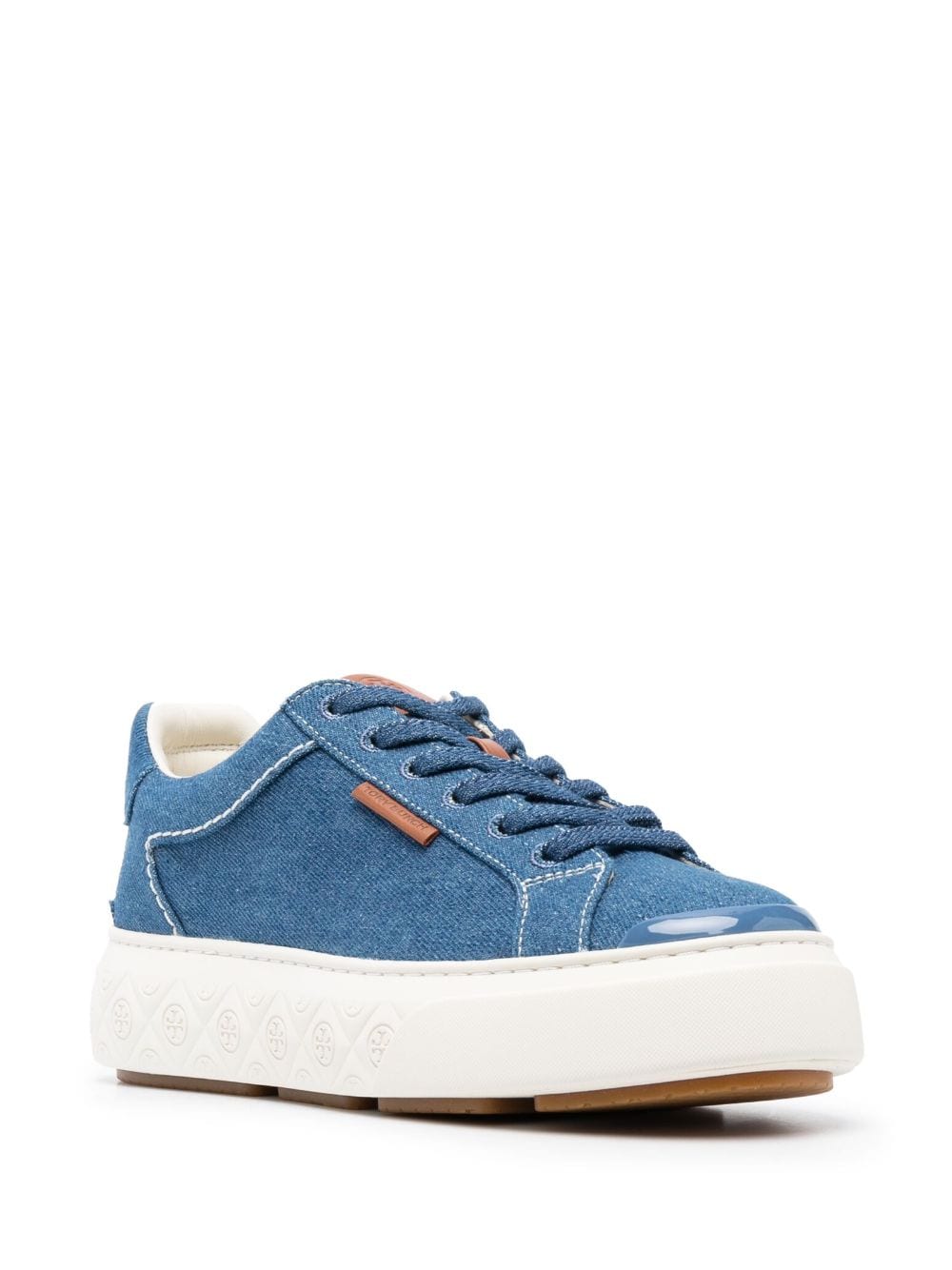 Tory Burch logo-patch lace-up denim sneakers - Blauw