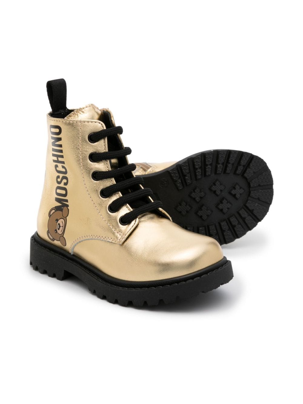 Shop Moschino Laminated-finish Leather Ankle Boots In Gold