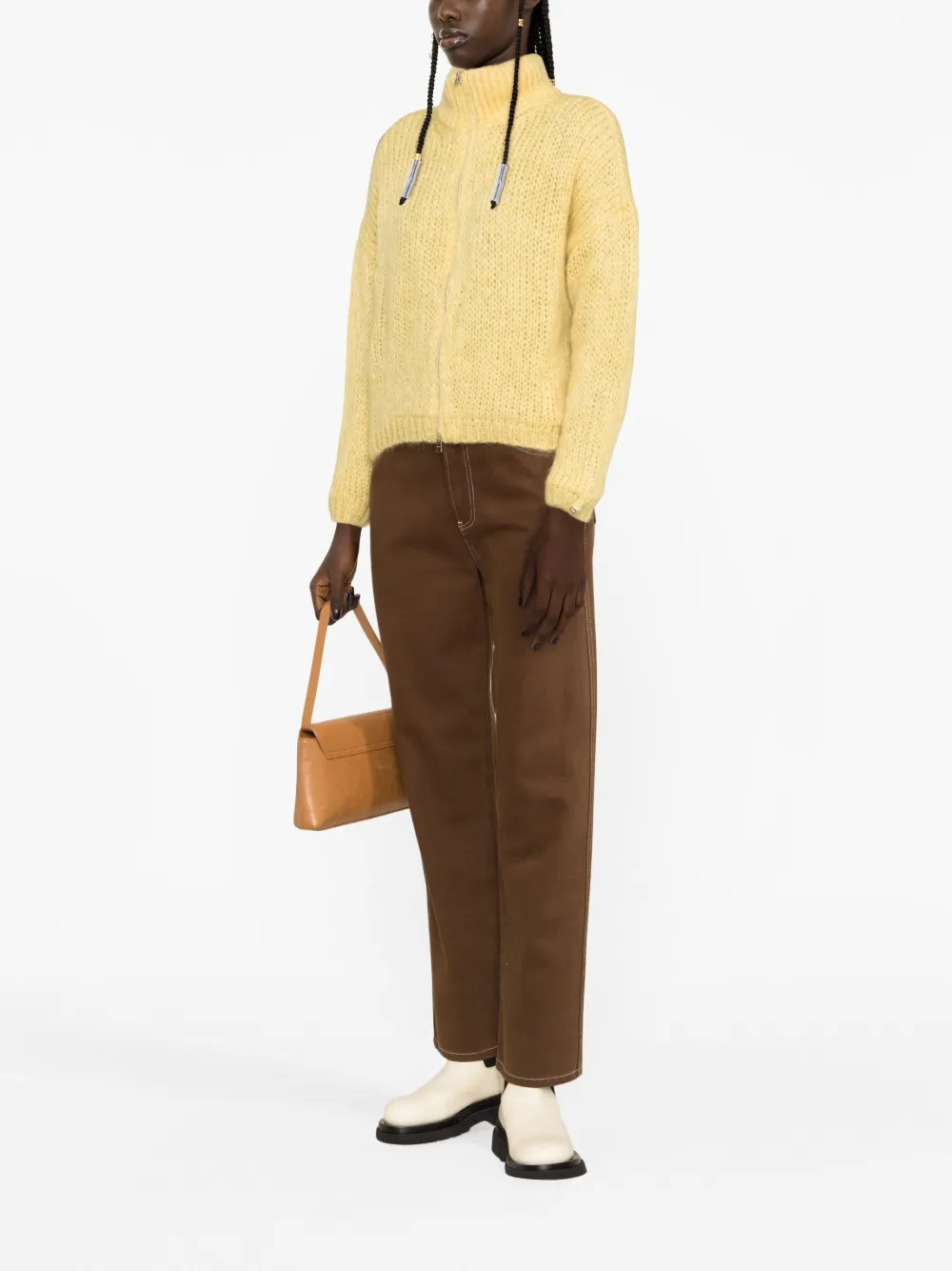 Herno Crochet-knit High-neck Cardigan In Yellow
