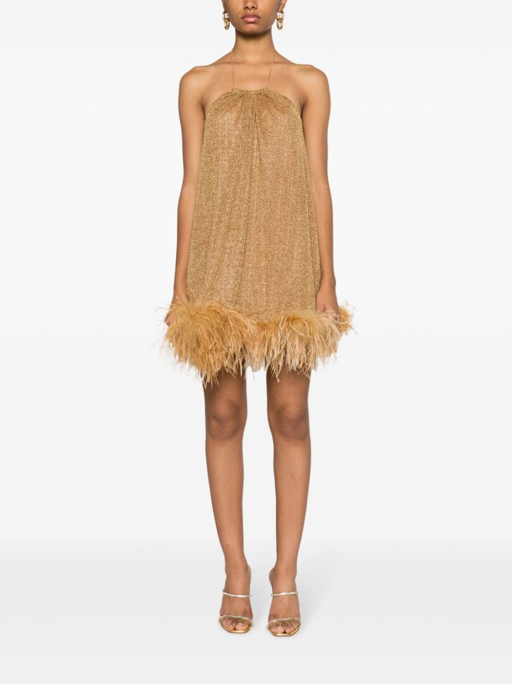 Shop Oseree Lumière Feather-trim Minidress In Gold