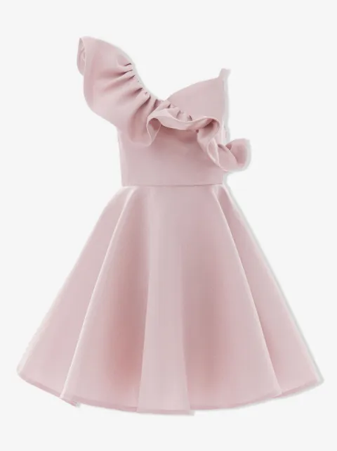 Tulleen vestido con detalle de volantes y un hombro descubierto