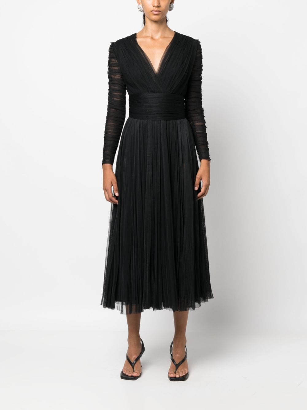 Shop Ana Radu V-neck Long-sleeve Midi Dress In Black