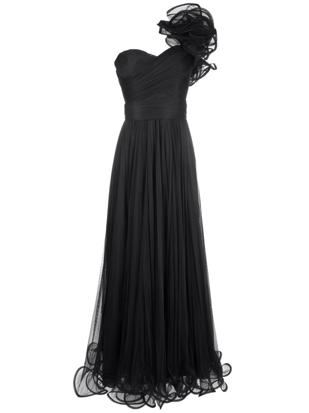 Shop Ana Radu Floral-appliqué Pleated Gown In Black