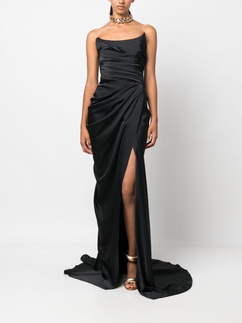 Shop Ana Radu Ruched Corset-style Strapless Dress In Black
