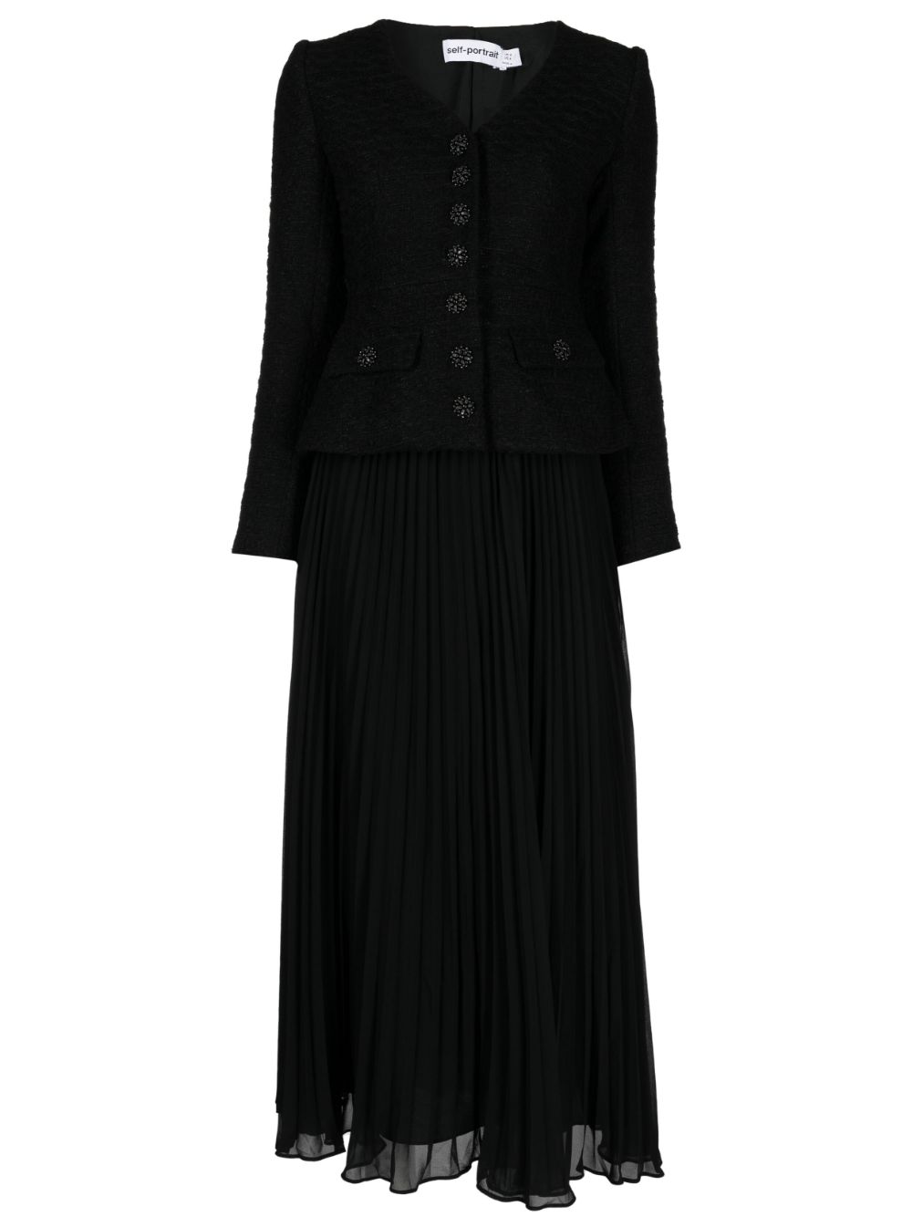 Self-portrait Convertible Embellished Bouclé-tweed And Pleated Georgette Midi Dress In Black