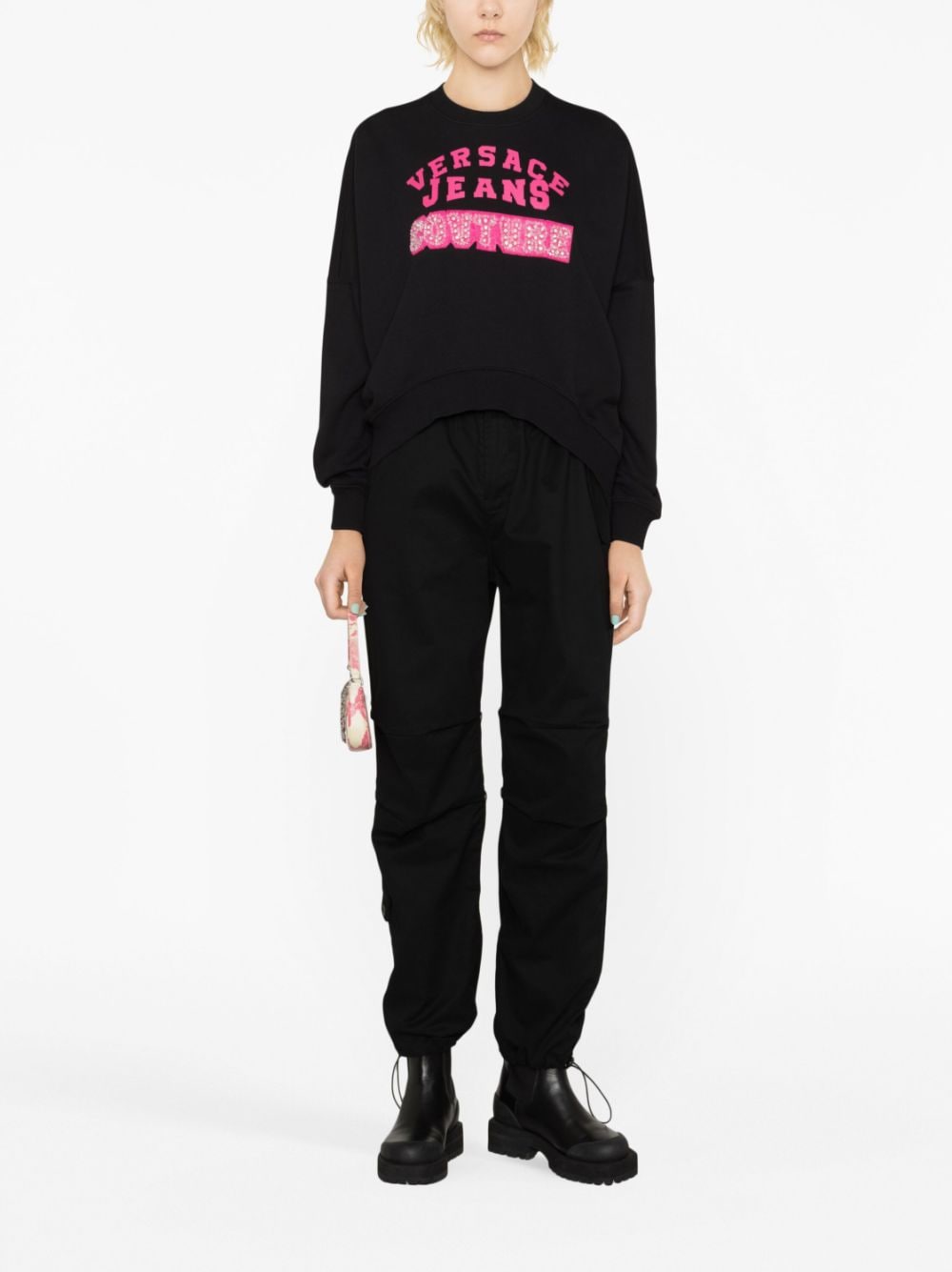 Shop Versace Jeans Couture Crystal-embellished Logo-print Sweatshirt In Black