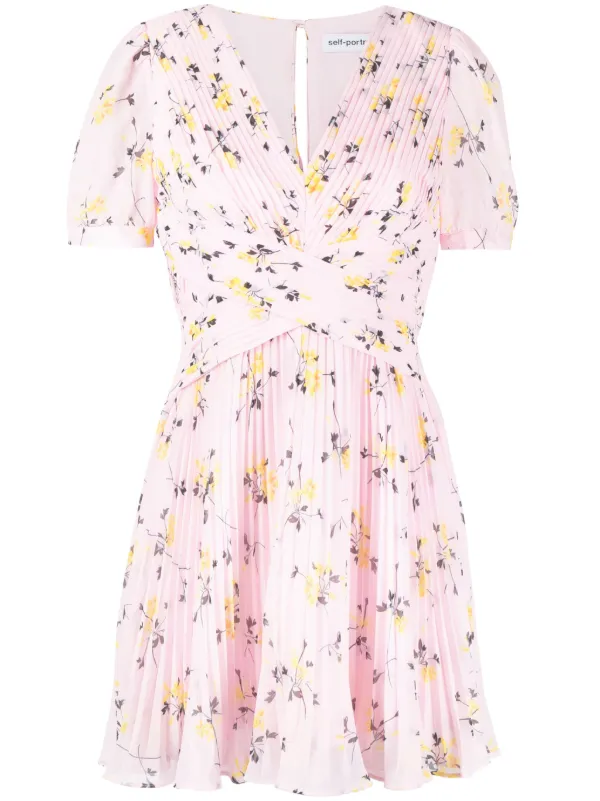 self portrait floral print chiffon mini dress Self-Portrait floral-print Pleated Minidress | Pink