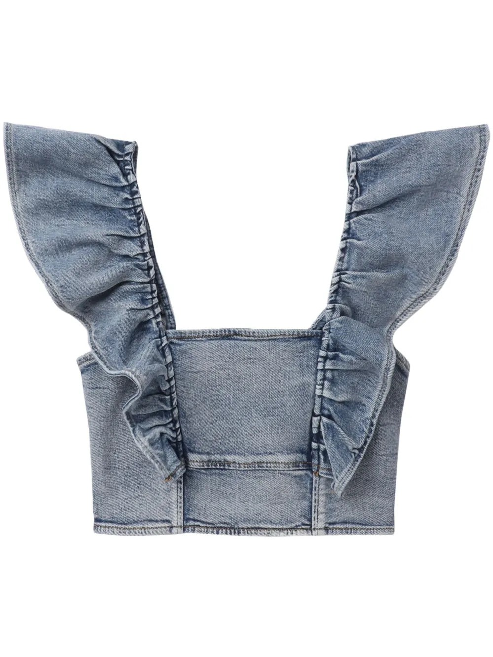 Ganni Stretch Denim Cropped Ruffle Top In Blue