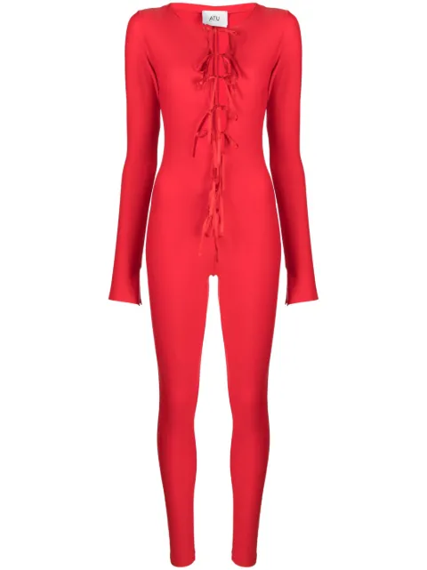 Atu Body Couture tie-fastening satin-finish catsuit