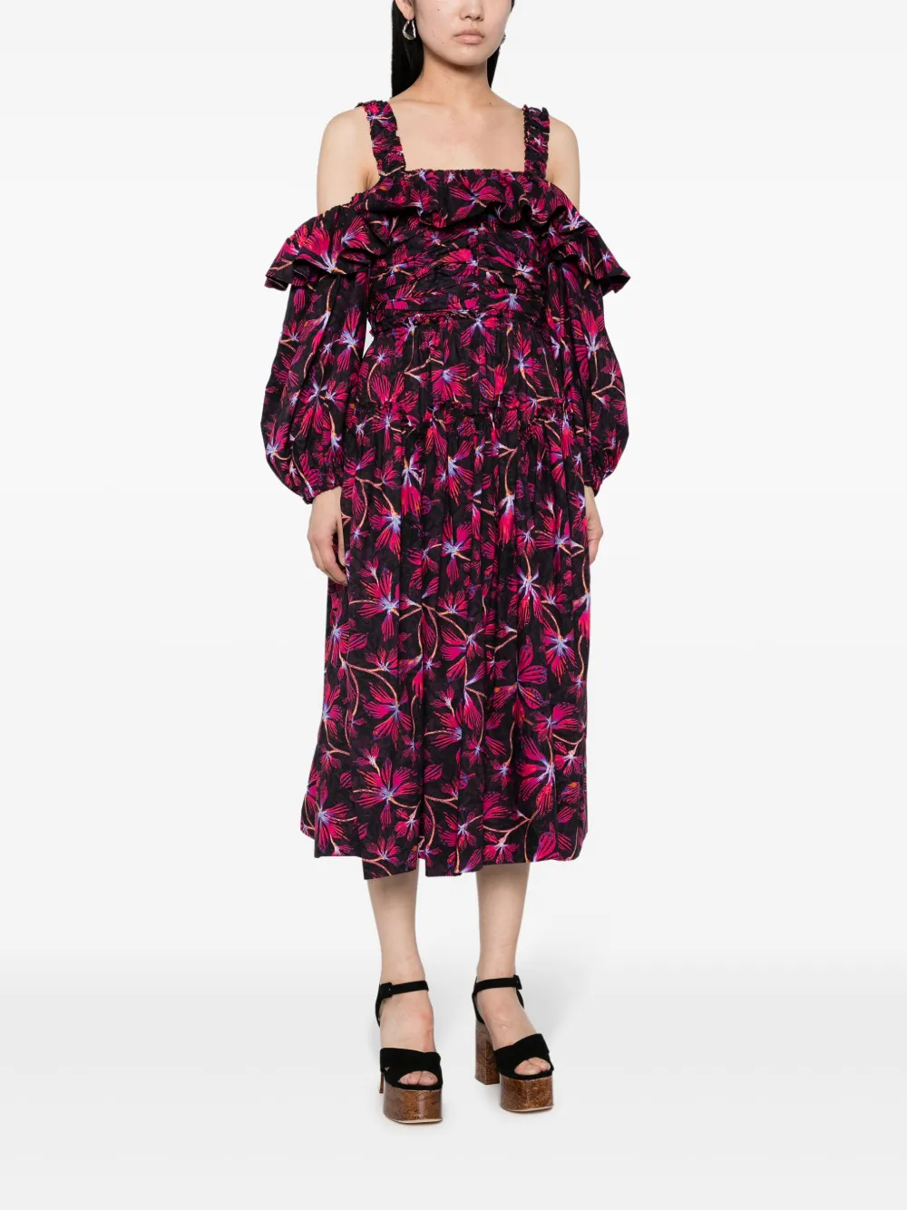 Shop Ulla Johnson Caprice Floral-print Cotton Midi Dress In Multicolour