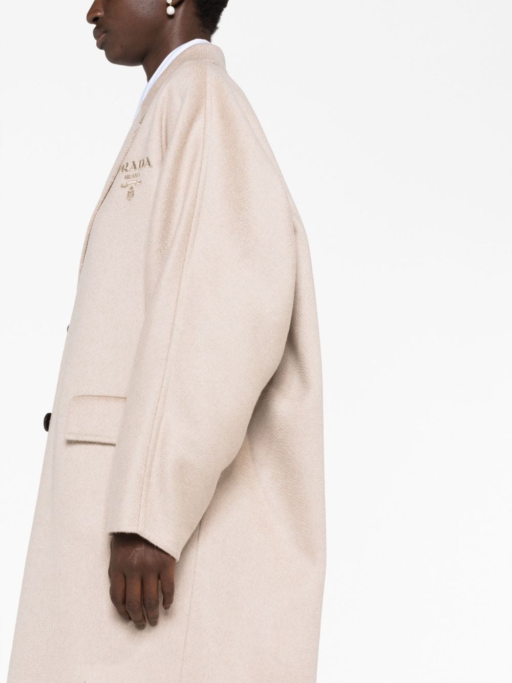 Shop Prada Logo-embroidered Cashmere Coat In Neutrals