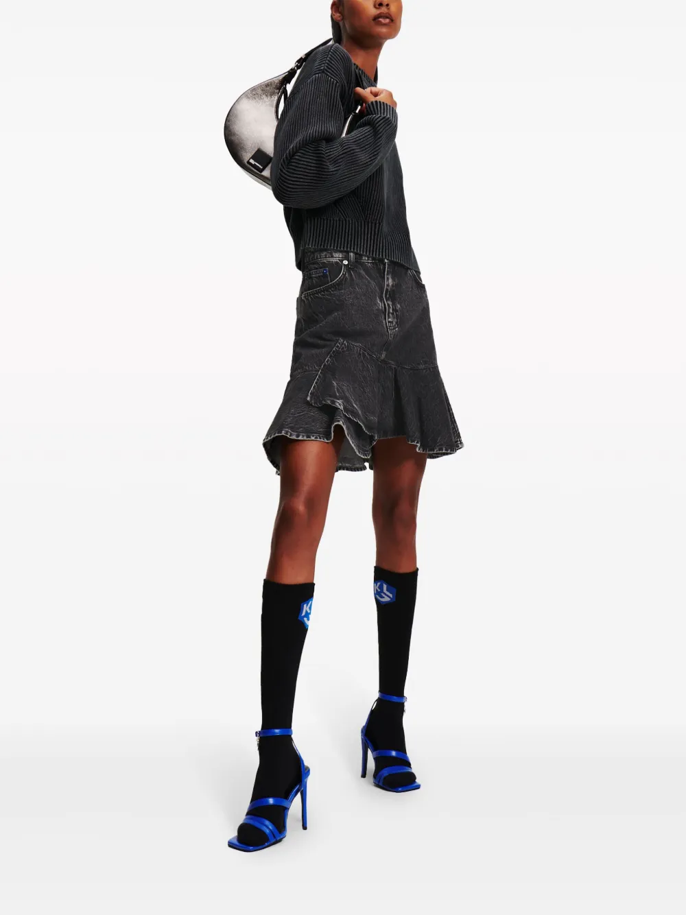 Karl Lagerfeld Jeans Ruffled Denim Miniskirt In Grey