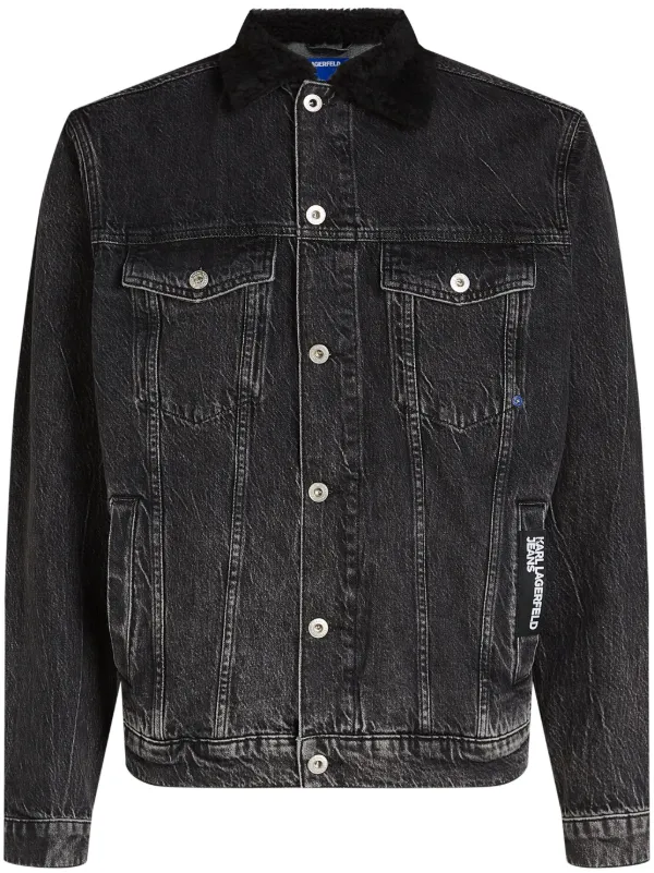 Karl Lagerfeld Jeans logo tag shearling collar Denim Jacket Grey FARFETCH AZ