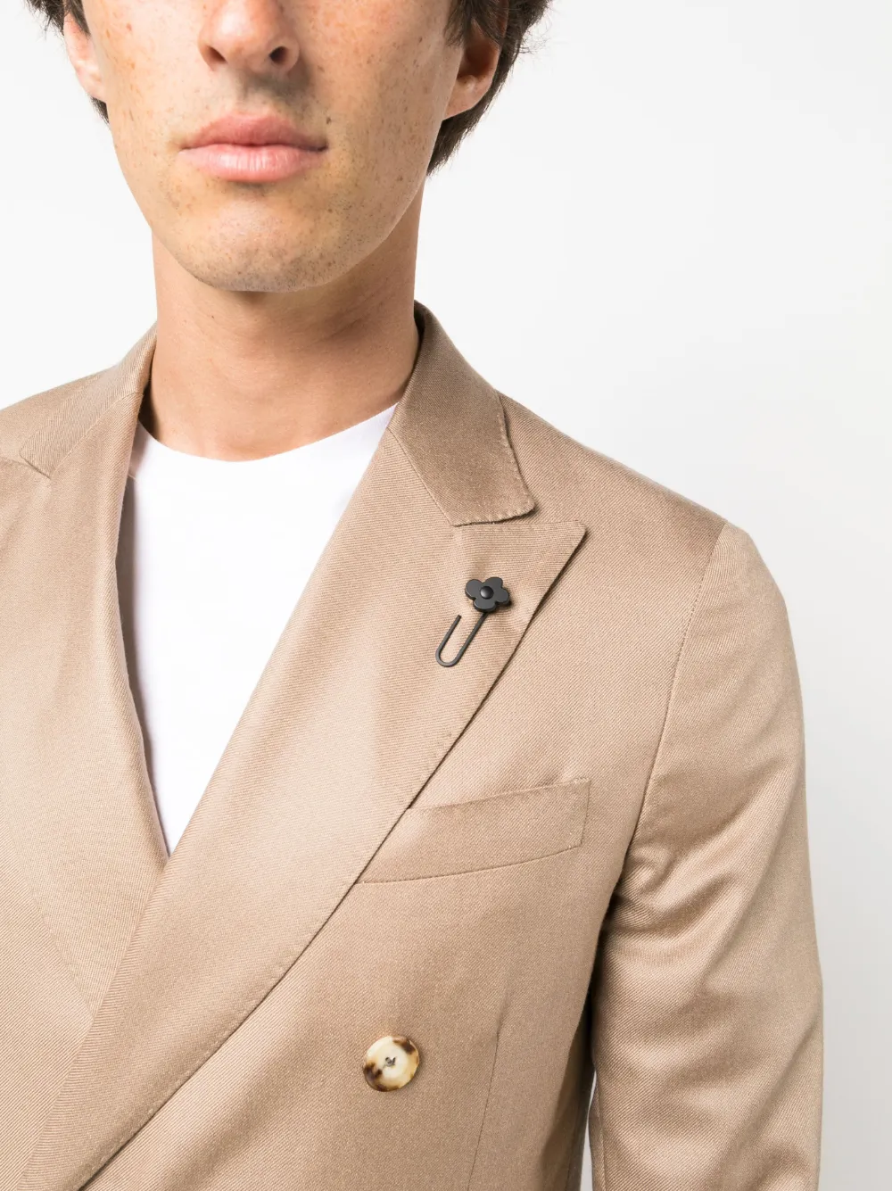 Shop Lardini Double-breasted Satin-finish Blazer In Nude